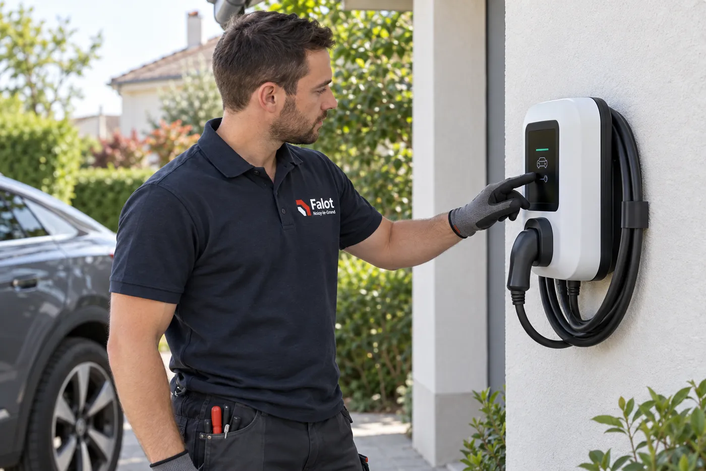 Électricien Falot vérifiant une borne de recharge murale posée contre la façade d'un pavillon