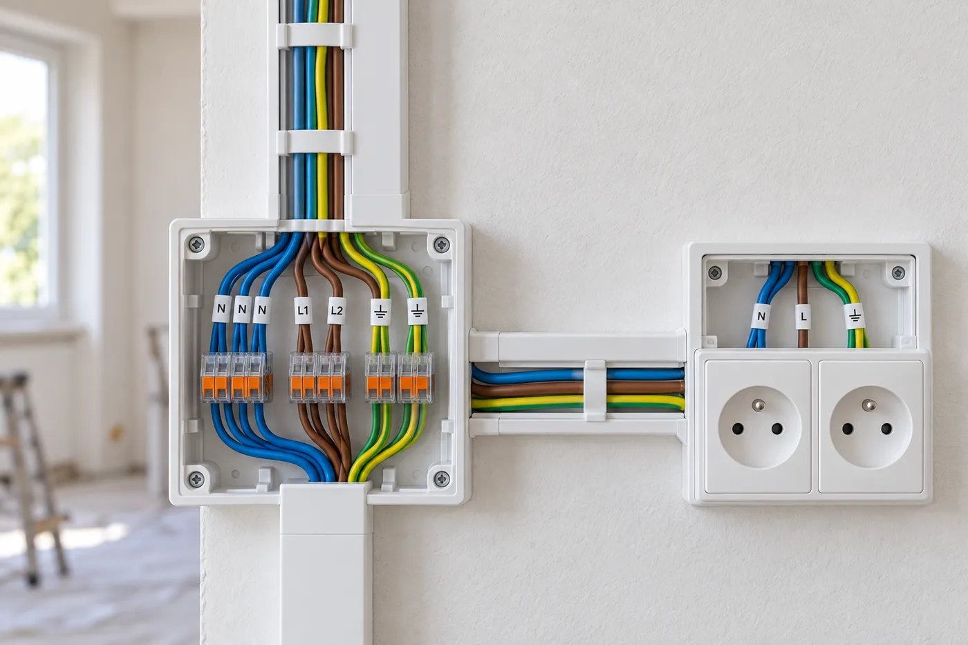 Câblage neuf en goulotte avec conducteurs repérés lors d'une rénovation électrique
