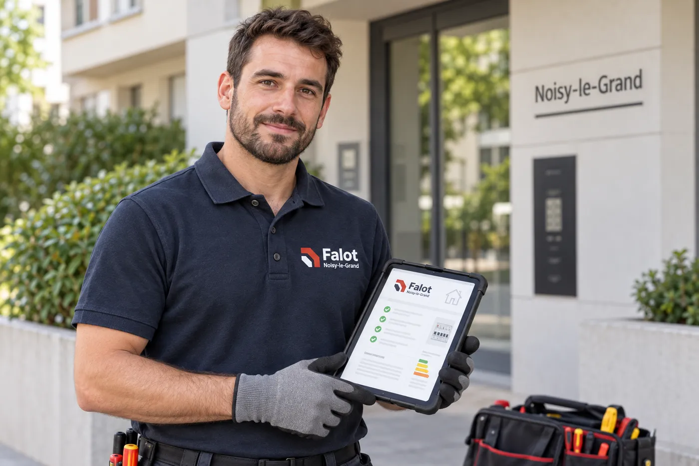 Électricien Falot en polo de travail, tablette de diagnostic en main, devant une résidence de Noisy-le-Grand