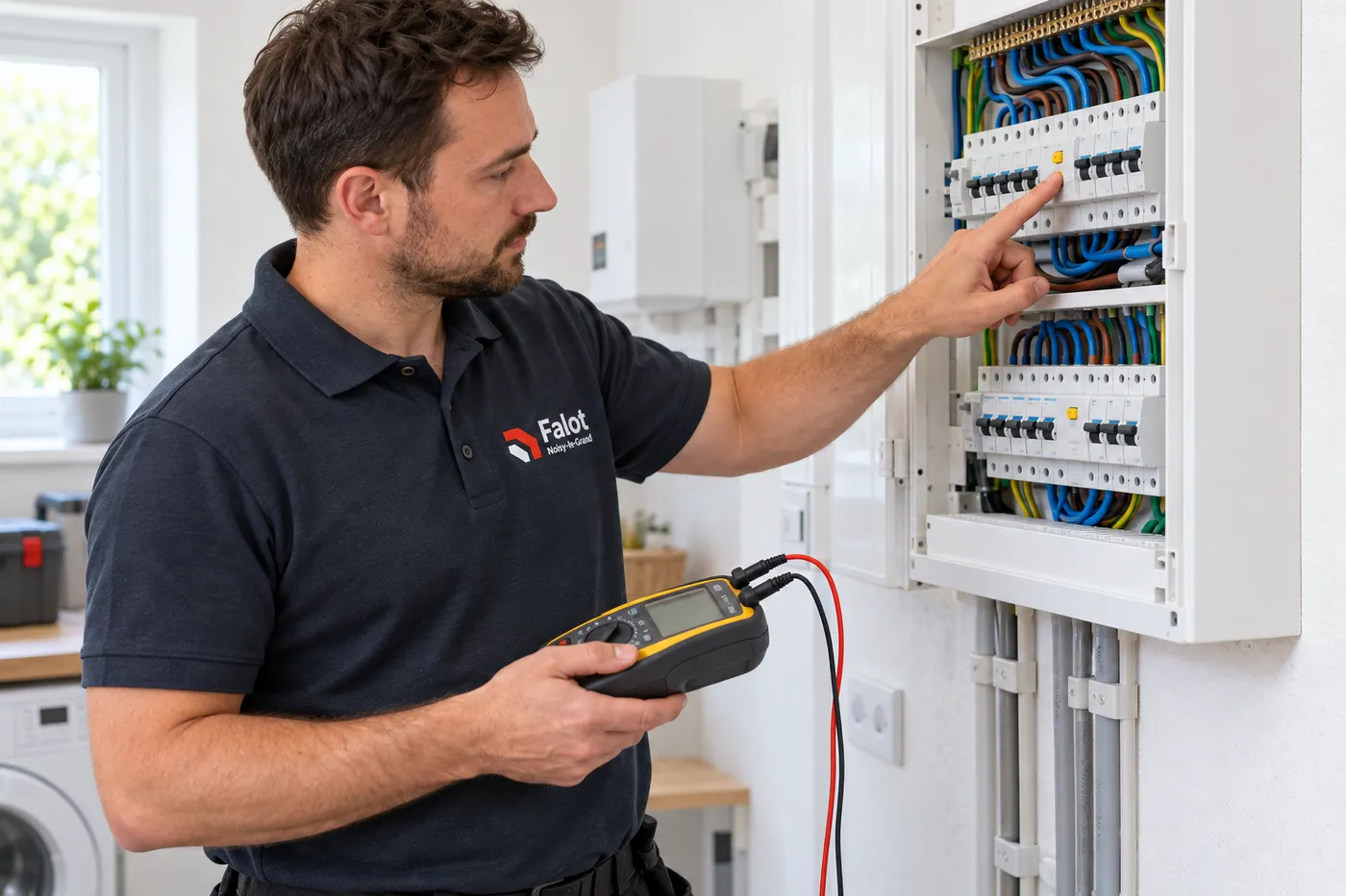 Électricien appuyant sur le bouton test d'un différentiel, multimètre en main, après la pose d'un tableau