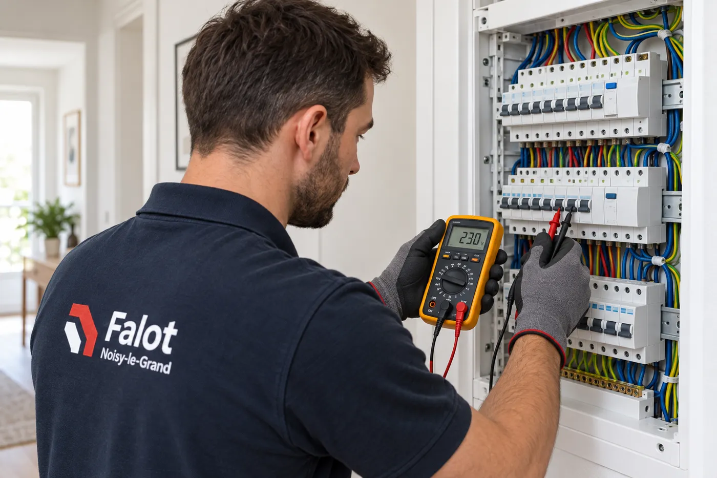 Électricien Falot contrôlant un tableau électrique au multimètre dans un appartement de Noisy-le-Grand